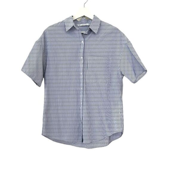 Zara Trafaluc Collection Short Sleeve Boxy Blue Pinstripe Button Up Shirt - Picture 7 of 7